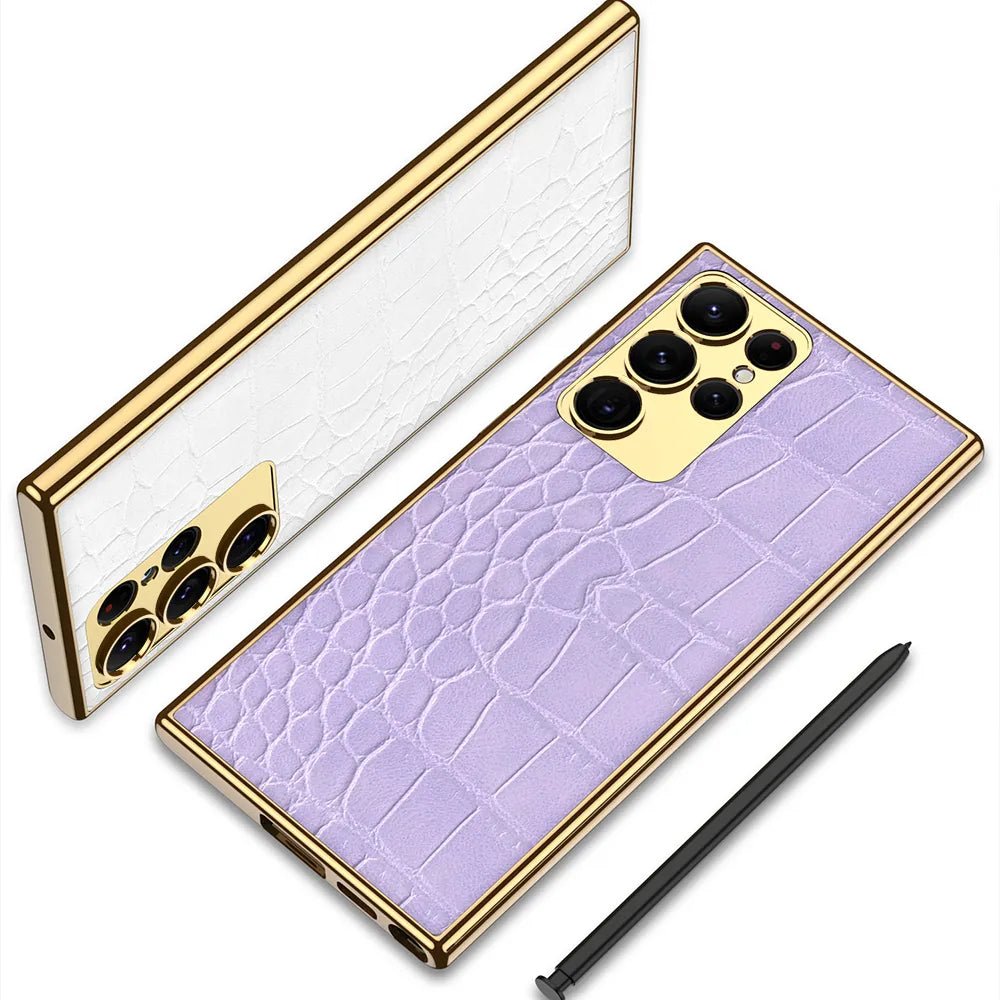 Leather Cover with Electroplated Borders Compatible with Samsung Galaxy S23 Ultra Flexible Soft Sides with Full Body and Camera Protection Case, Pattern White & Gold - Mypcwala