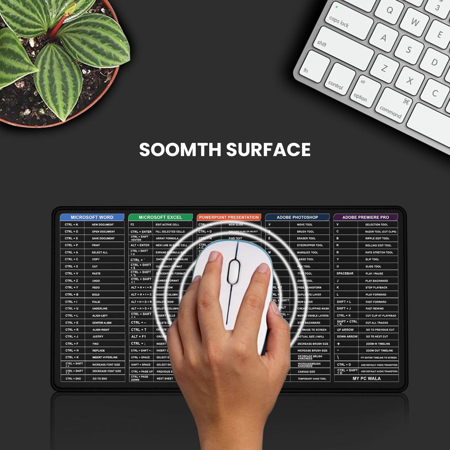 MYPCWALA Shortcut Keyboard Desk Mat – Excel, Word, PowerPoint, Photoshop & Premiere Pro Cheat Sheet Mouse Pad (90×42 cm) - DHARM IT PRIVATE LIMITED