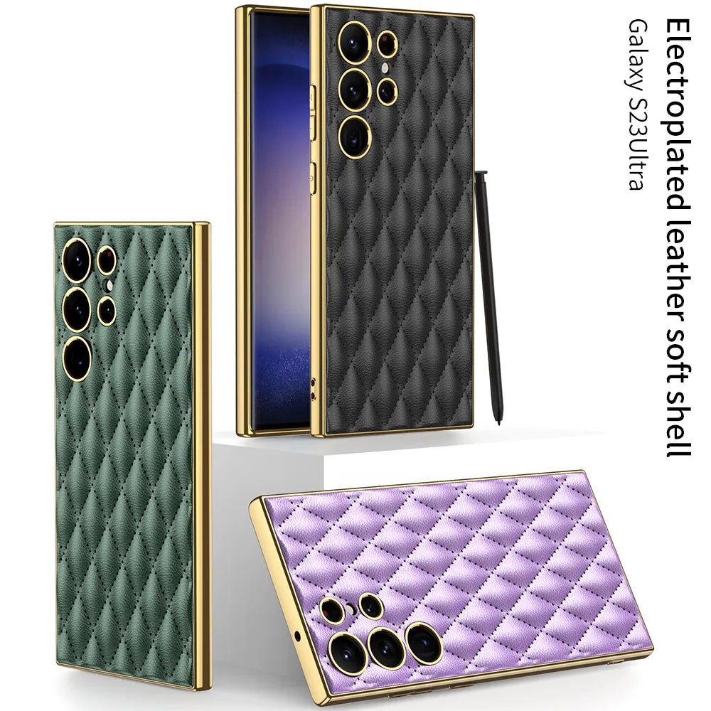 For Samsung Galaxy S23 Ultra 5G Rhombus Pattern Electroplating Plain PU Phone Case (Purple)