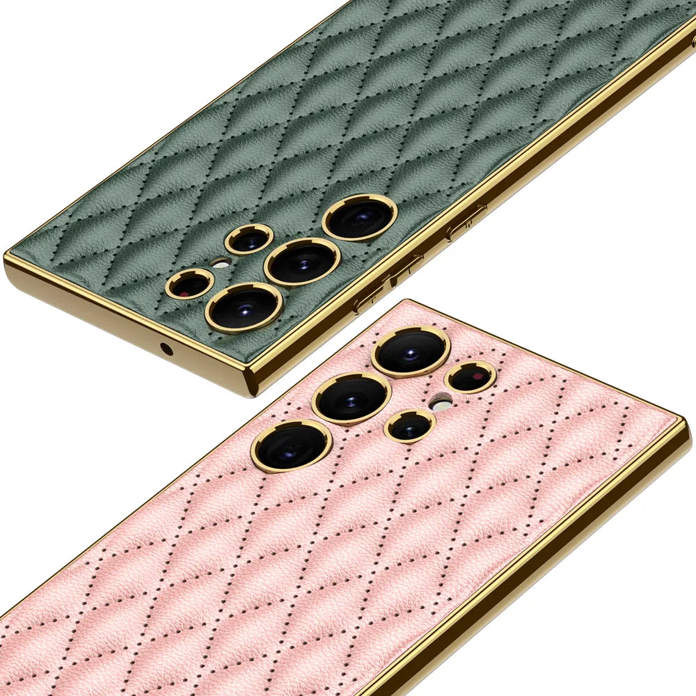 For Samsung Galaxy S23 Ultra 5G Rhombus Pattern Electroplating Plain PU Phone Case (Pink)