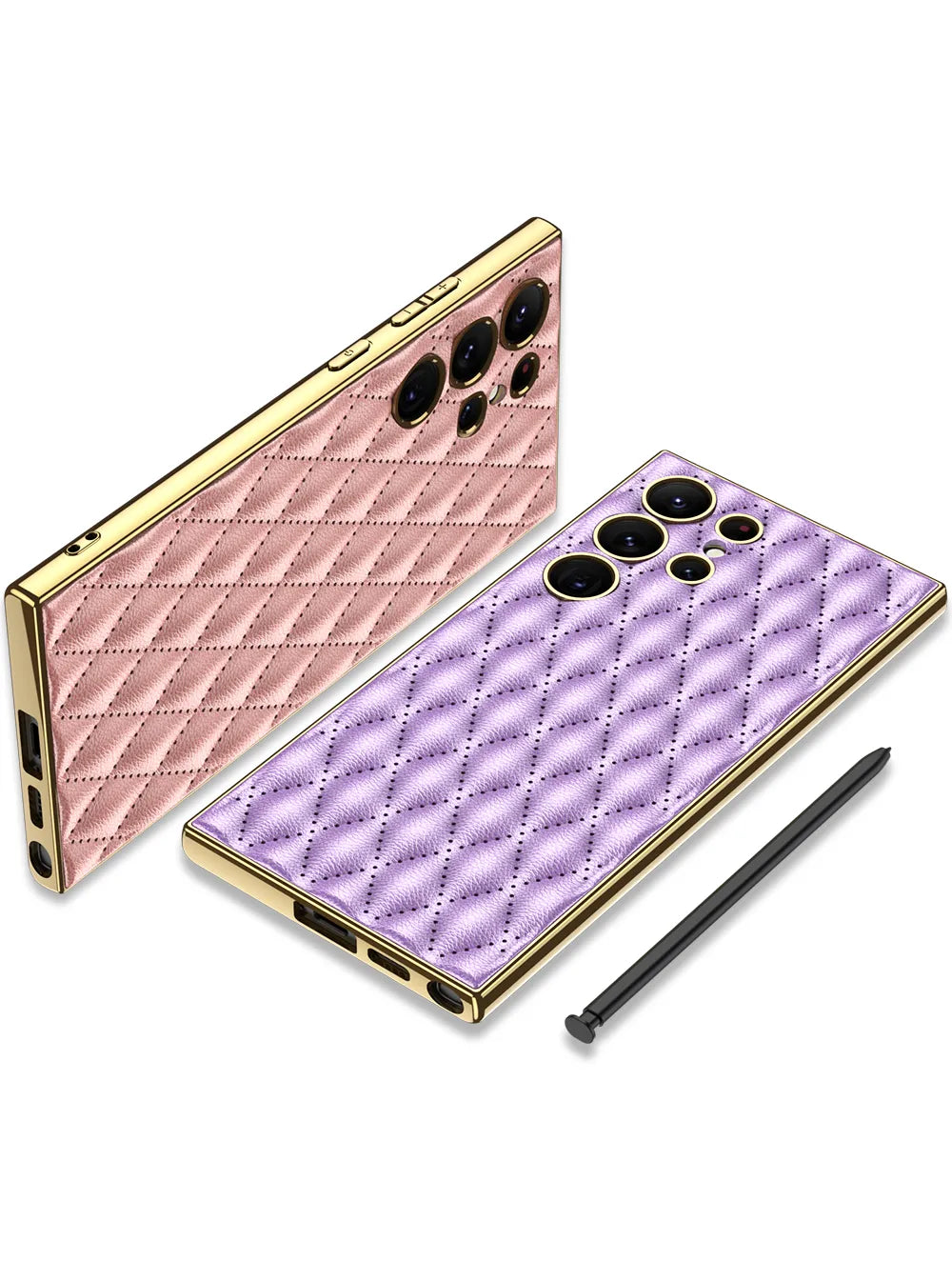 For Samsung Galaxy S23 Ultra 5G Rhombus Pattern Electroplating Plain PU Phone Case (Pink)