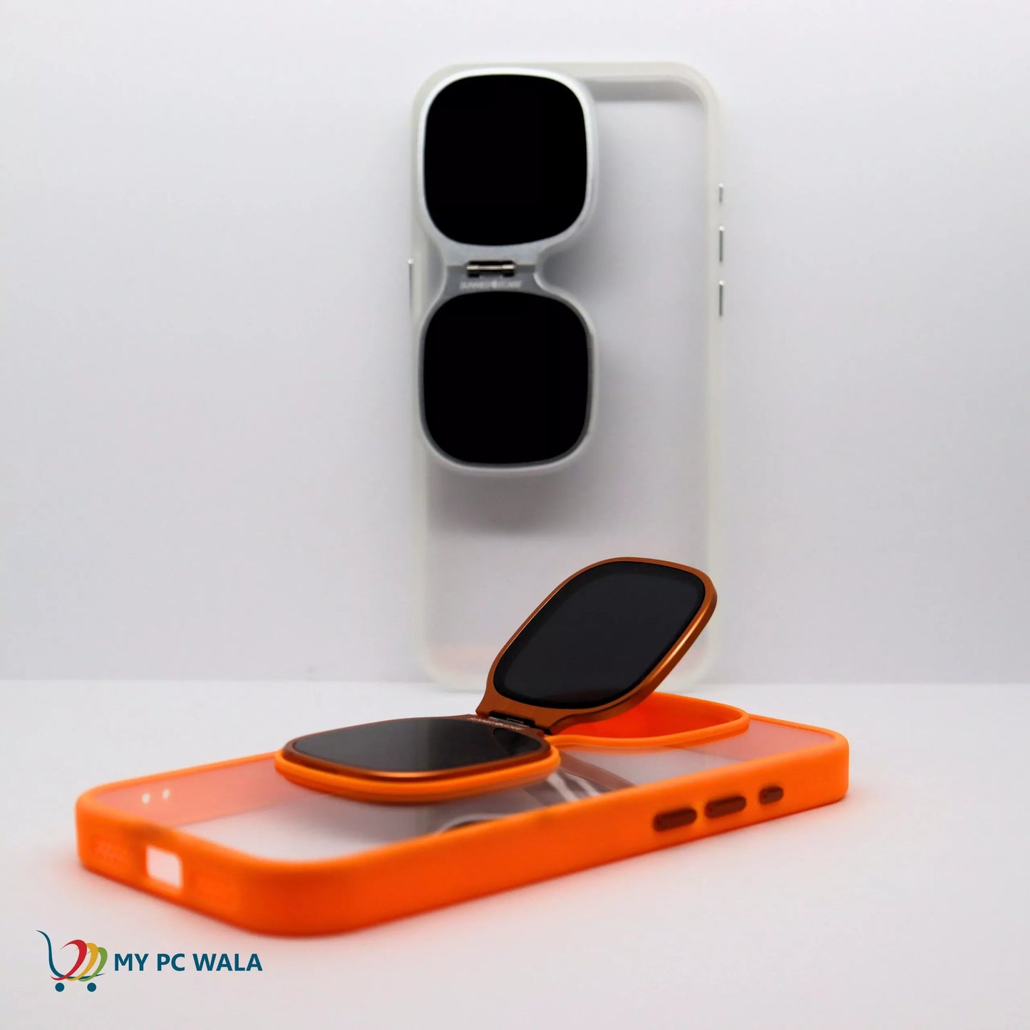 Fashion Case for iPhone 15 Pro Camera Lens Cover Stand Unique Sunglasses Design Phone Cover Clear (Color : Orange