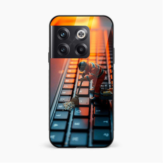 Printed Tempered Glass Back Cover Compatible with OnePlus 10T - A Man is Cleaning The Keyboard Design Glass Case