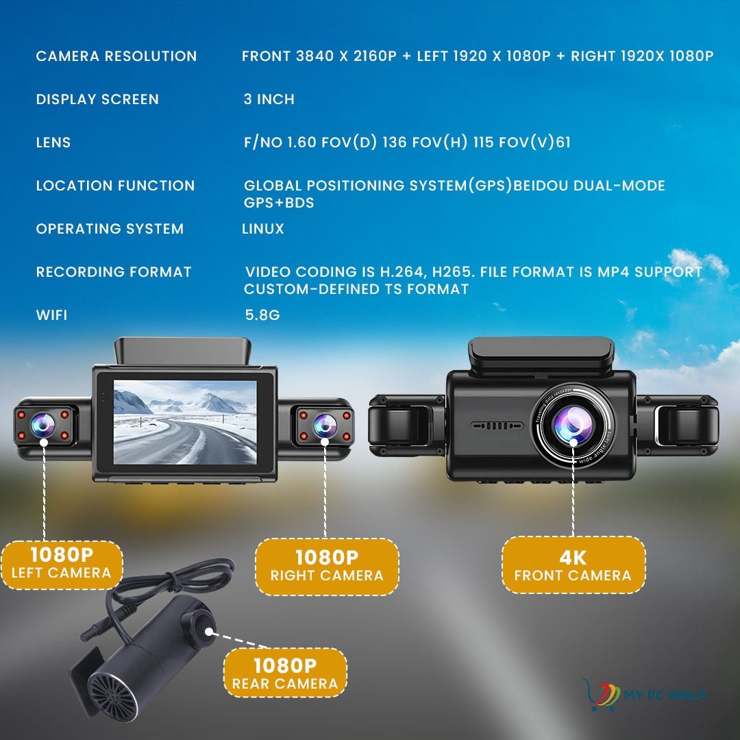 4K Dash Cam with WDR Night Vision, 3 - Channel Front/Left/Right Cameras + 1080P Rear, 5.8G WiFi, GPS Tracking, G - Sensor Emergency Lock, Wide - Angle Lens, 3" Display, Full 360° Car Security - DHARM IT PRIVATE LIMITED
