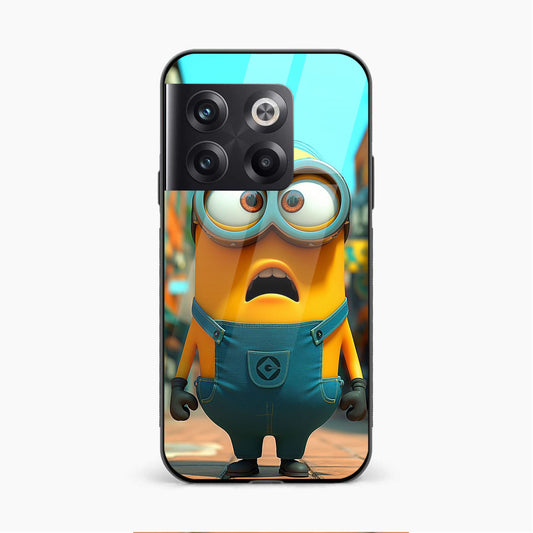 Printed Tempered Glass Back Cover Compatible with OnePlus 10T - 3D Cartoon Minion Character in Playful Design Glass Case