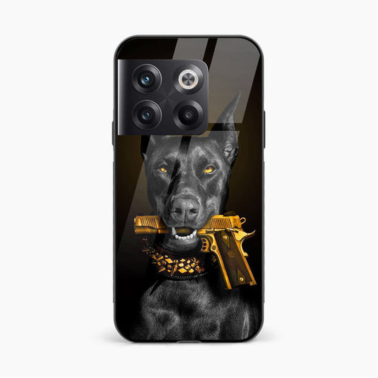 Printed Tempered Glass Back Cover Compatible with OnePlus 10T - Gun in The Dog Mouth Design Glass Case