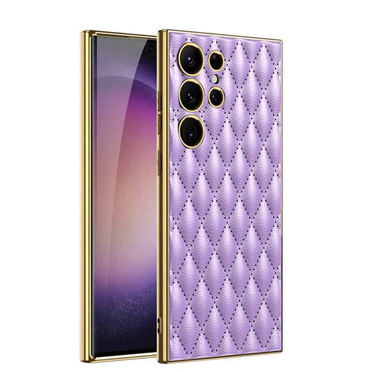 For Samsung Galaxy S23 Ultra 5G Rhombus Pattern Electroplating Plain PU Phone Case (Purple)