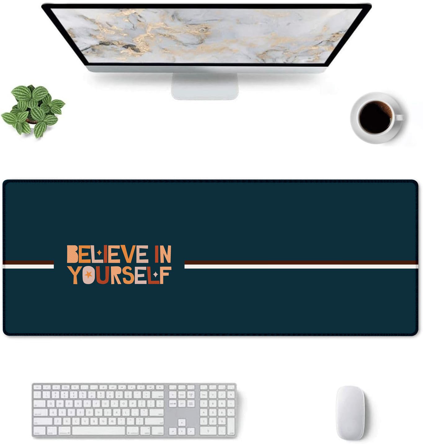 Believe In Yourself Stitched Desk Mat – Large Extended Mouse Pad – Non - Slip Base, Smooth Surface, Inspirational Quote Design, Durable Stitched Edges – Office, Gaming & Work Desk Accessory (Dark Teal) - Mypcwala