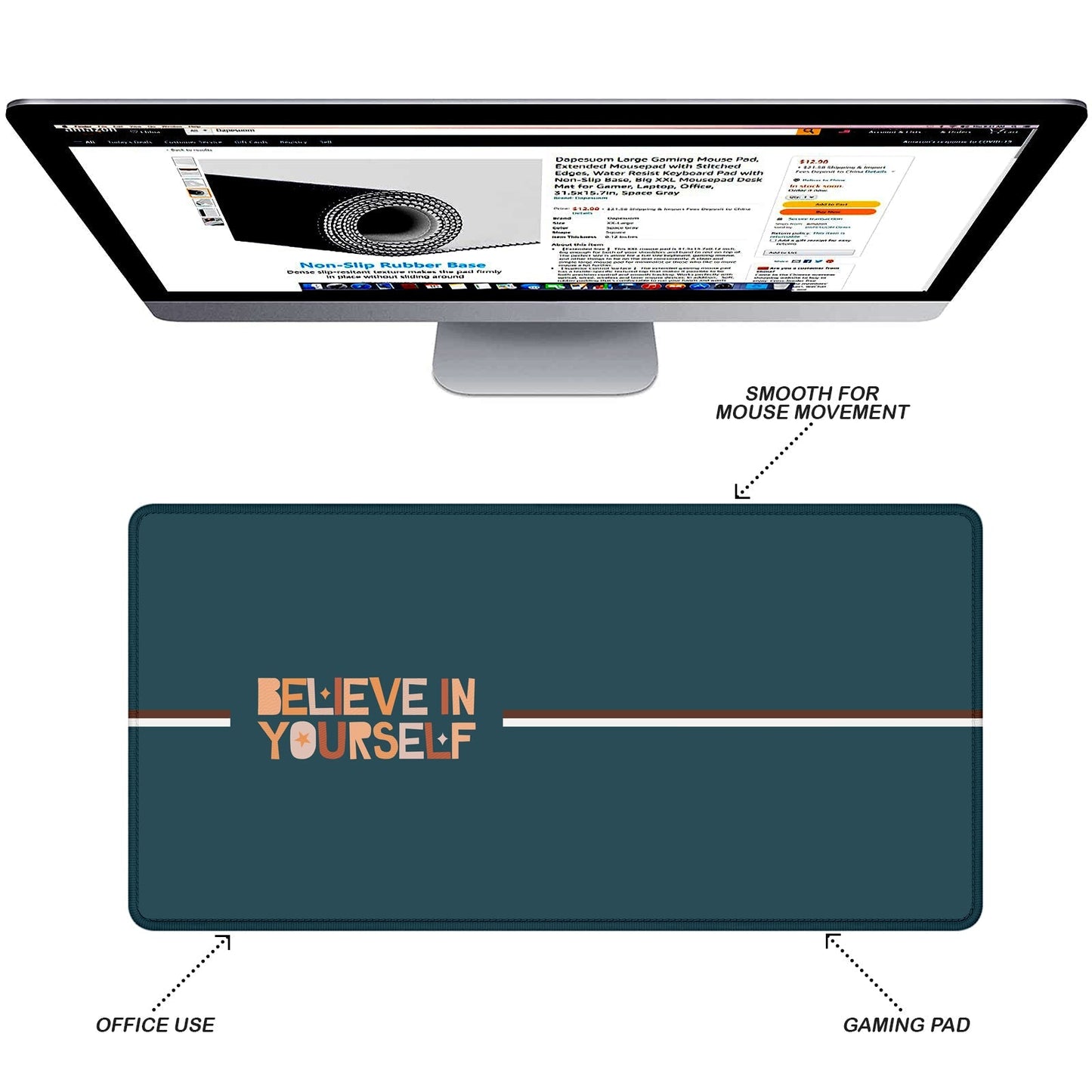 Believe In Yourself Stitched Desk Mat – Large Extended Mouse Pad – Non - Slip Base, Smooth Surface, Inspirational Quote Design, Durable Stitched Edges – Office, Gaming & Work Desk Accessory (Dark Teal) - Mypcwala