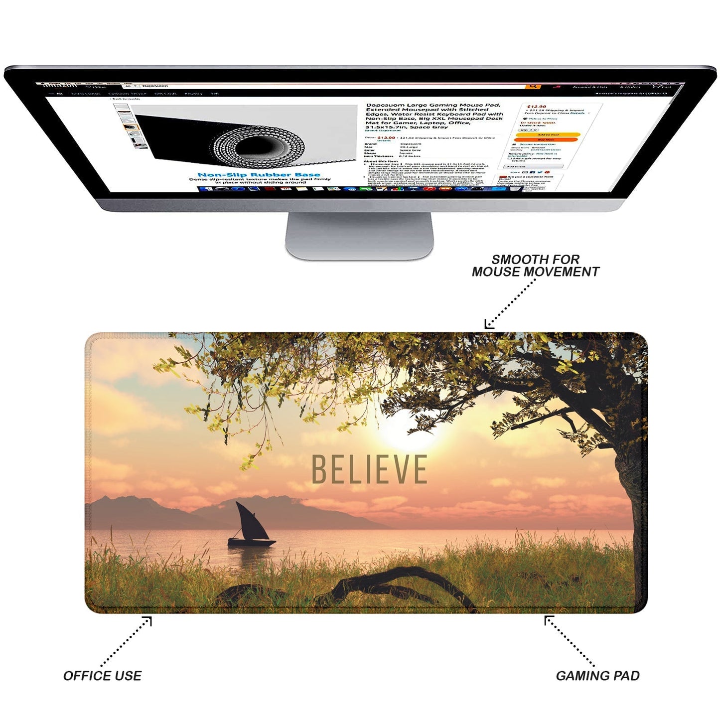 Believe – Nature Landscape Stitched Desk Mat | Large Gaming & Office Mouse Pad | Non - Slip Rubber Base | Extended Desk Mat for Keyboard, Laptop & Mouse - Mypcwala