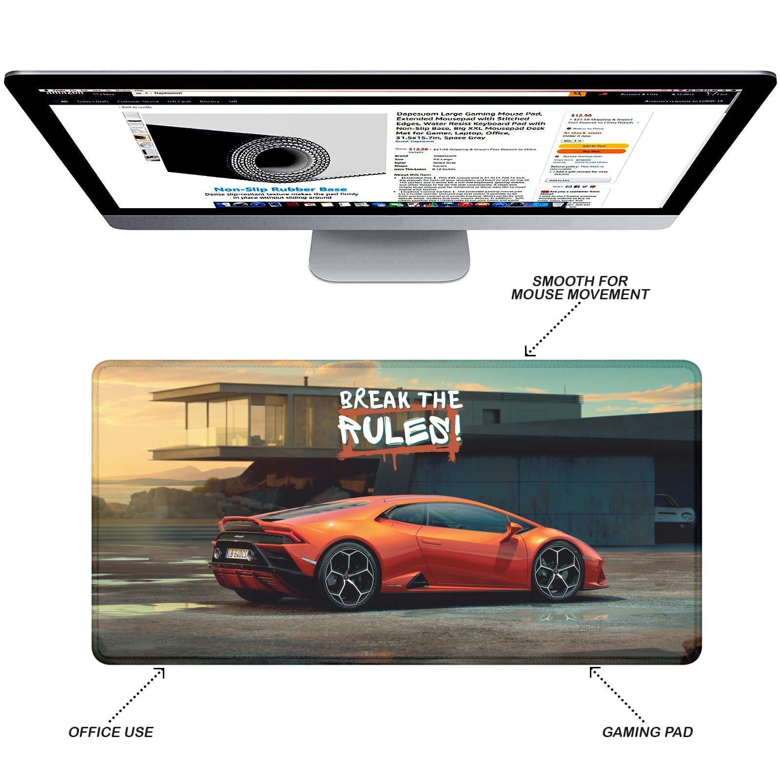Break the Rules Supercar Stitched Desk Mat | Large Gaming & Office Mouse Pad | Non - Slip Rubber Base | Extended Desk Mat for Keyboard & Laptop - Mypcwala