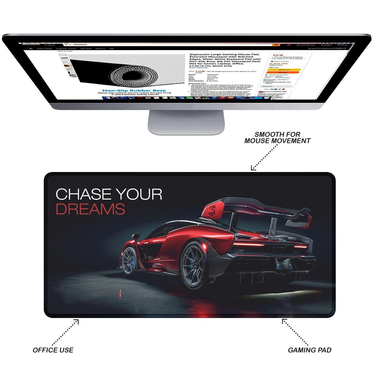 Chase Your Dreams Premium Stitched Desk Mat | Large Gaming & Office Mouse Pad | Non - Slip Rubber Base | Smooth Surface for Laptop, Keyboard & Mouse - Mypcwala