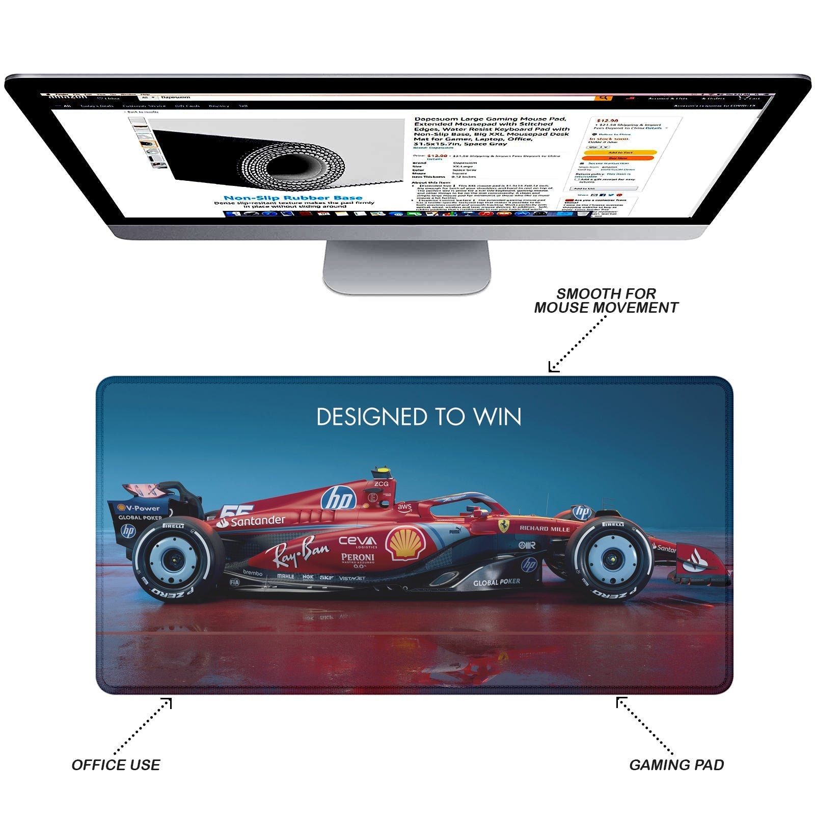 Designed to Win – Racing Car Stitched Desk Mat | Large Gaming & Office Mouse Pad | Non - Slip Rubber Base | Extended Desk Mat for Keyboard, Laptop & Mouse - Mypcwala