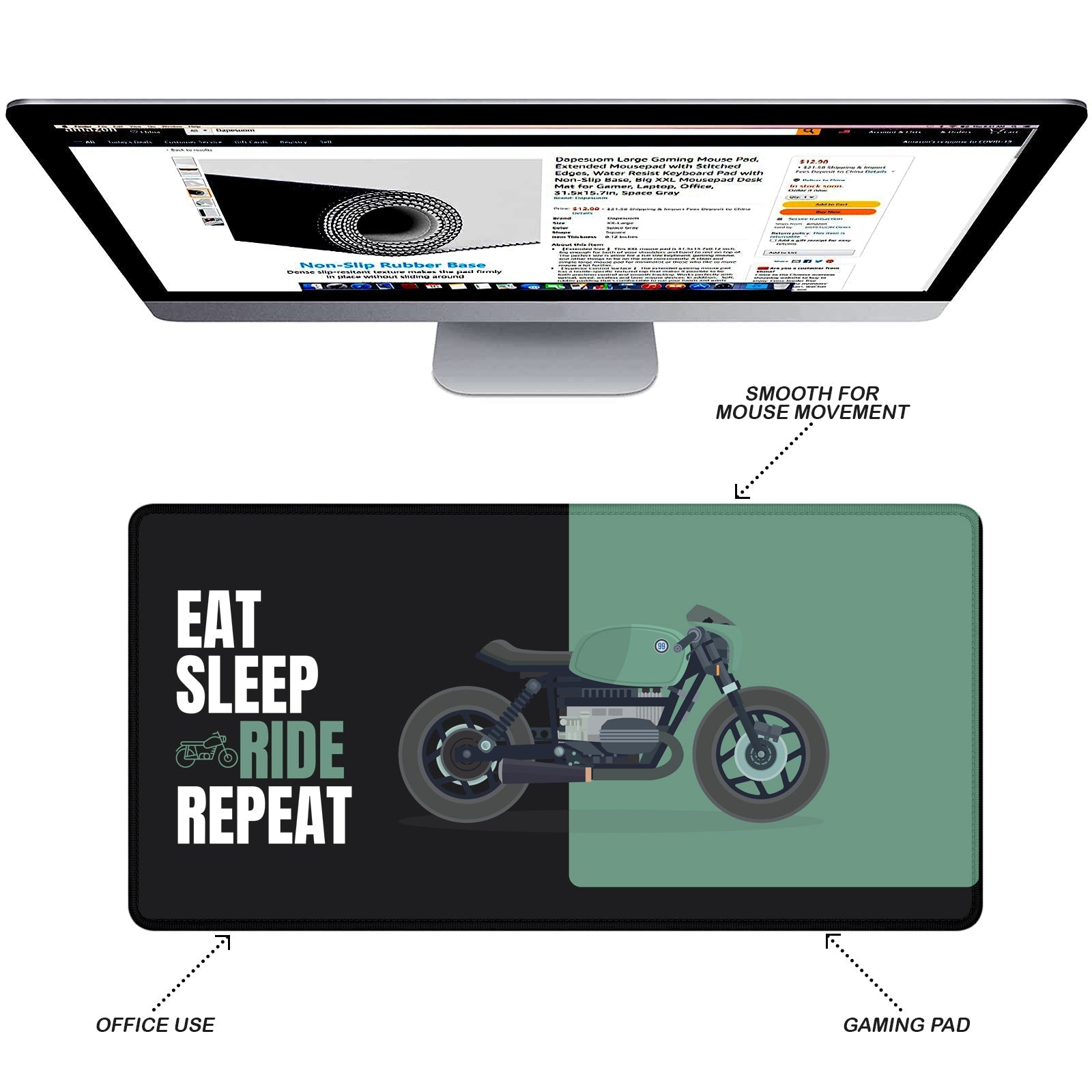 Eat Sleep Ride Repeat Motorcycle Stitched Desk Mat | Large Gaming & Office Mouse Pad | Non - Slip Rubber Base | Extended Desk Mat for Keyboard & Laptop - Mypcwala