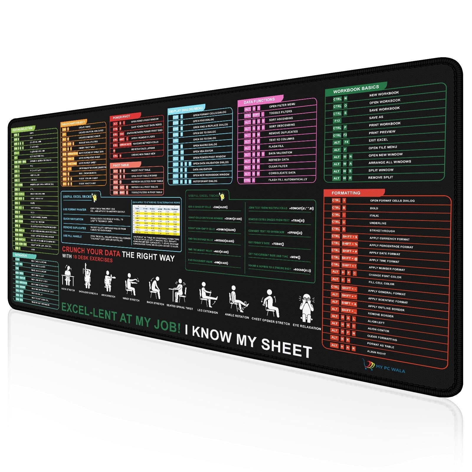 Excel Shortcut Guide Desk Mat (28x57 cm / 80x30 cm / 90x42 cm) – Extended Mouse Pad with Formula Chart | Anti - Slip, Waterproof, Office & Study Use - DHARM IT PRIVATE LIMITED