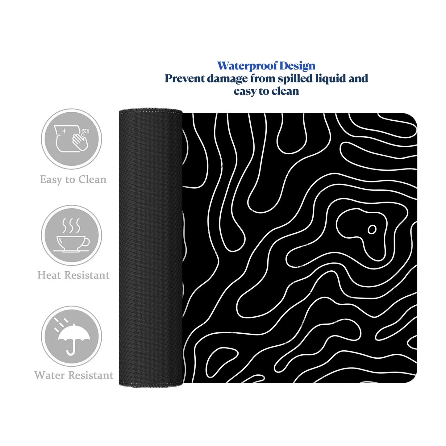 Extended Gaming Mouse Pad XXL – Large Desk Mat with Non - Slip Rubber Base & Smooth Surface – Black Topographic Design - Mypcwala