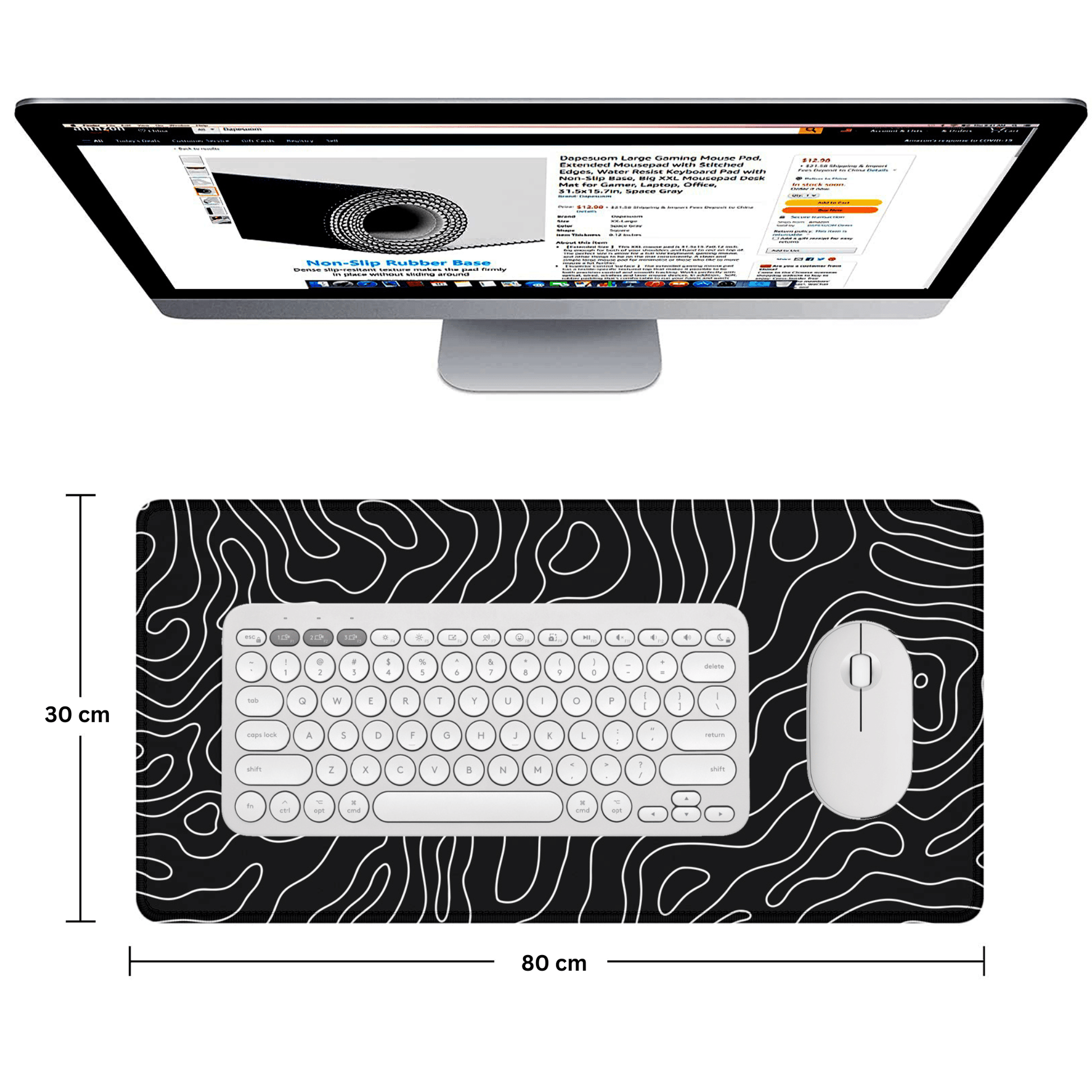 Extended Gaming Mouse Pad XXL – Large Desk Mat with Non - Slip Rubber Base & Smooth Surface – Black Topographic Design - Mypcwala