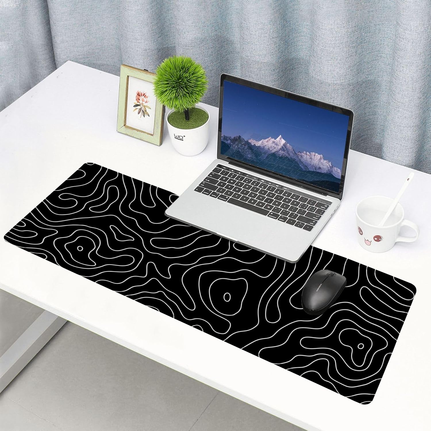 Extended Gaming Mouse Pad XXL – Large Desk Mat with Non - Slip Rubber Base & Smooth Surface – Black Topographic Design - Mypcwala