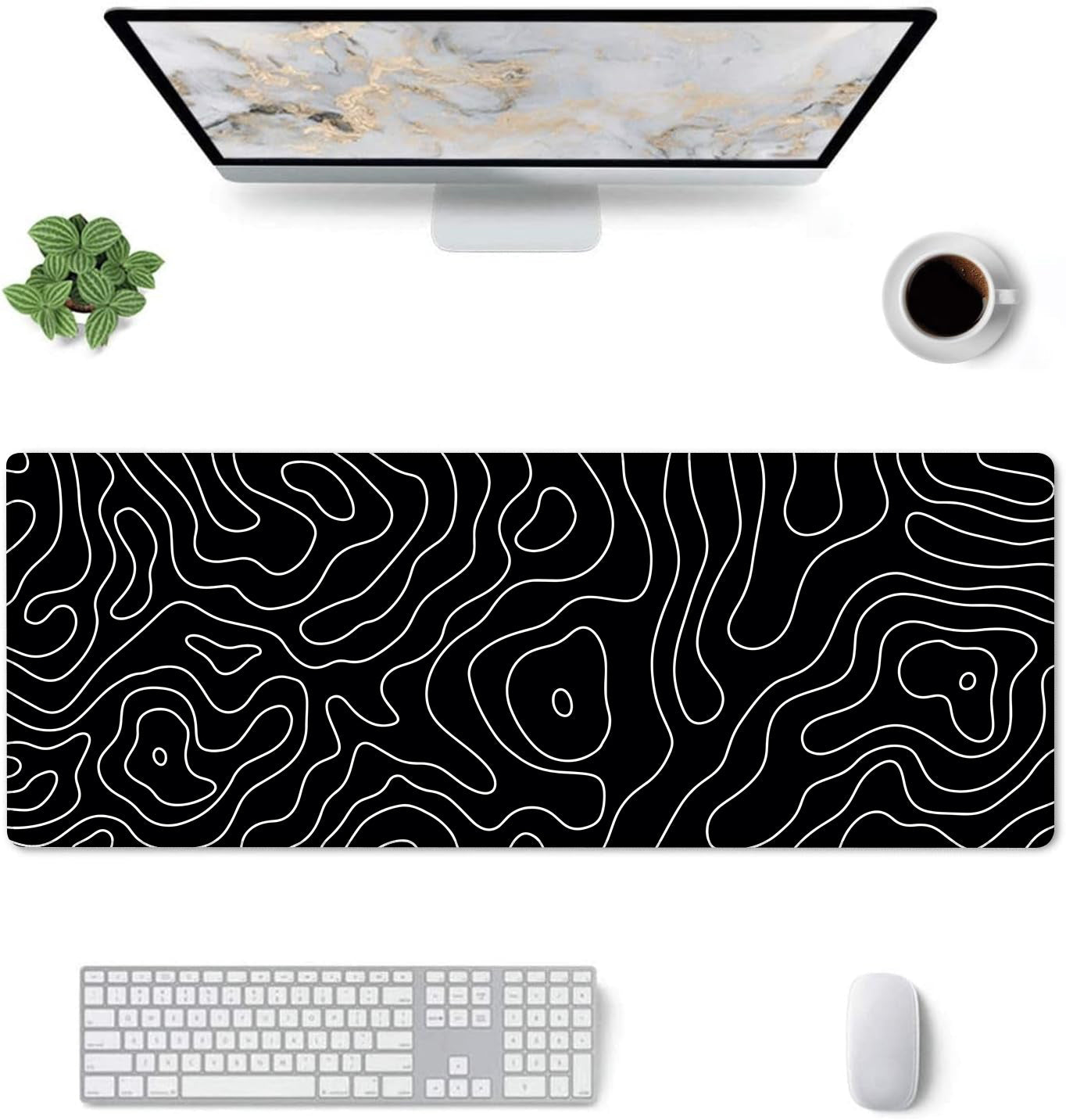 Extended Gaming Mouse Pad XXL – Large Desk Mat with Non - Slip Rubber Base & Smooth Surface – Black Topographic Design - Mypcwala