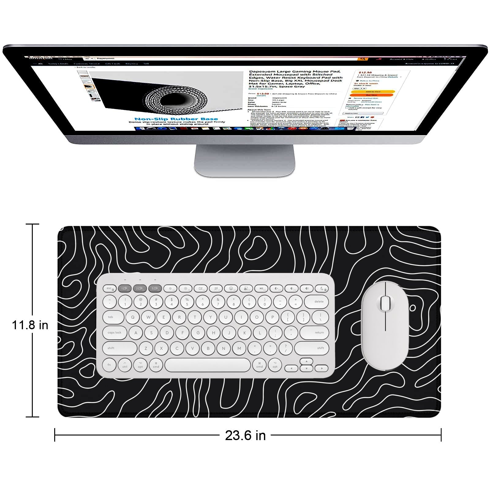 Extended Gaming Mouse Pad XXL – Large Desk Mat with Non - Slip Rubber Base & Smooth Surface – Black Topographic Design - Mypcwala