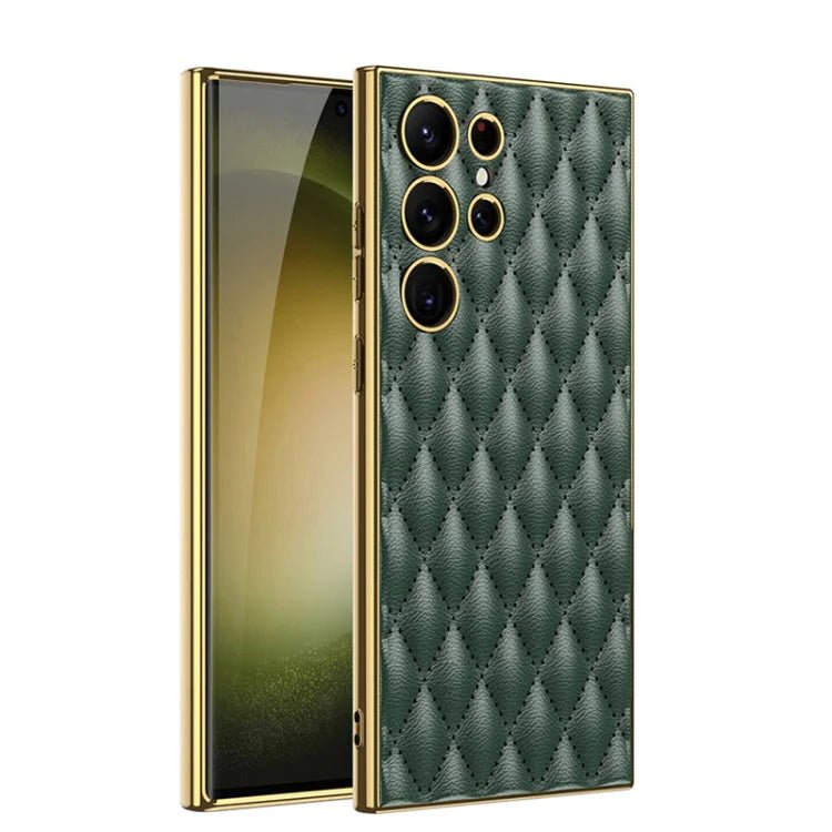 For Samsung Galaxy S23 Ultra 5G Rhombus Pattern Electroplating Plain PU Phone Case (Green) - Mypcwala