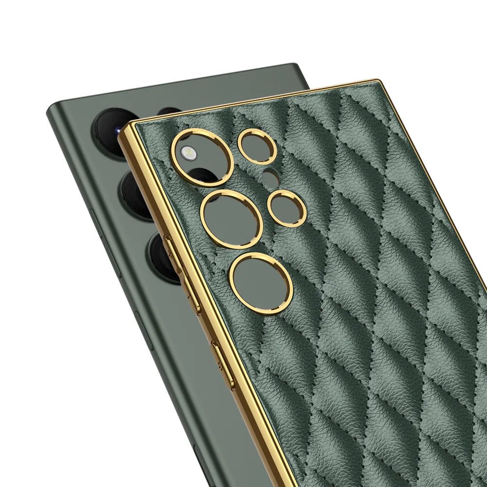For Samsung Galaxy S23 Ultra 5G Rhombus Pattern Electroplating Plain PU Phone Case (Green) - Mypcwala