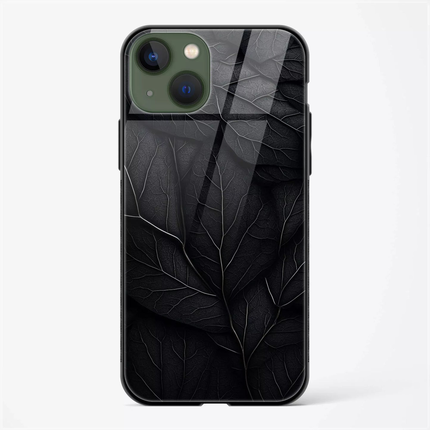 Black leaf Designer Glass Back Case for iPhone 15