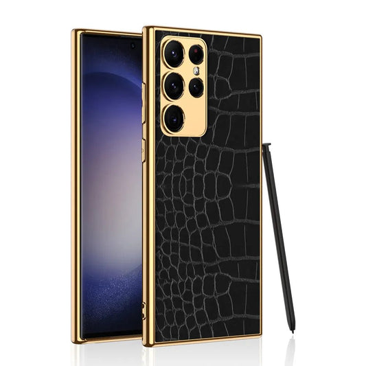 Leather Cover with Electroplated Borders Compatible with Samsung Galaxy S23 Ultra Flexible Soft Sides with Full Body and Camera Protection Case, Pattern Black & Gold - Mypcwala