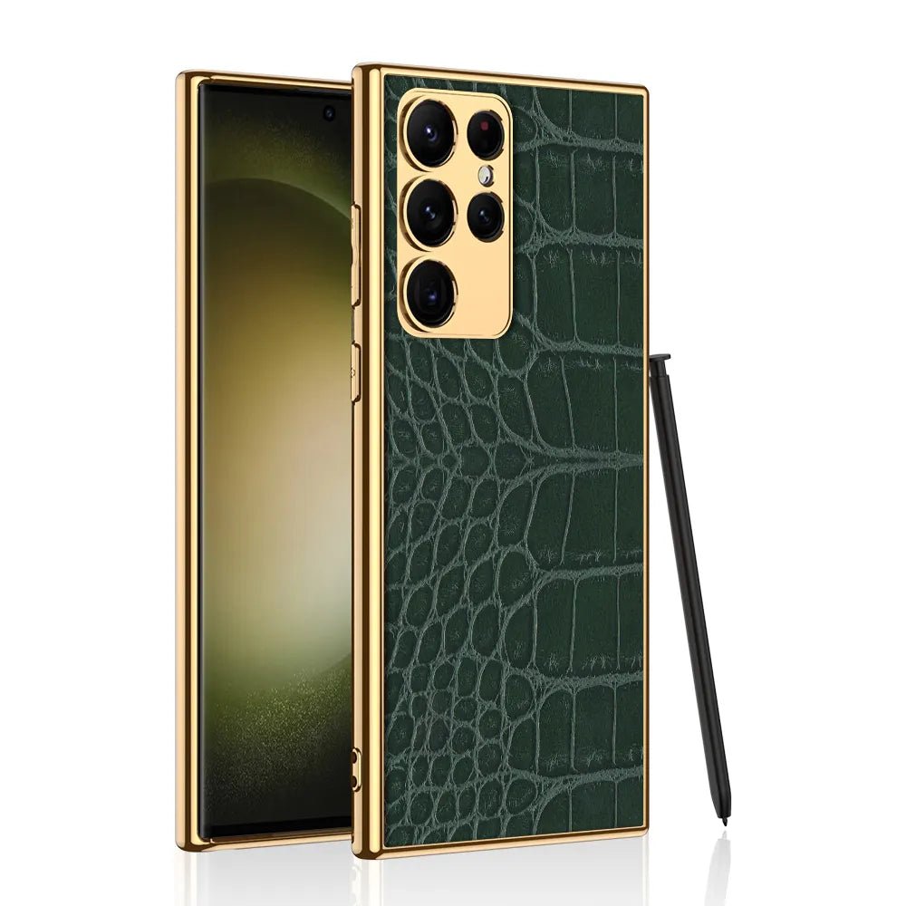 Leather Cover with Electroplated Borders Compatible with Samsung Galaxy S23 Ultra Flexible Soft Sides with Full Body and Camera Protection Case, Pattern Green & Gold - Mypcwala