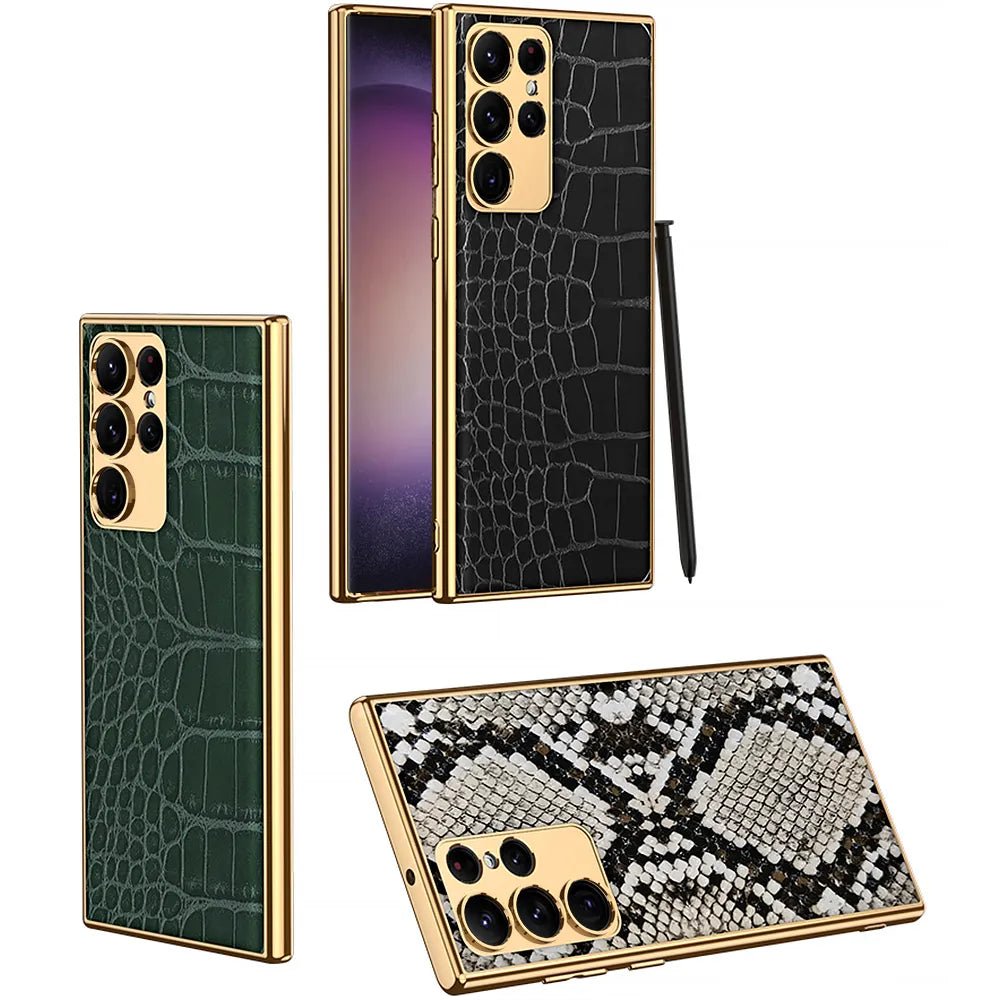 Leather Cover with Electroplated Borders Compatible with Samsung Galaxy S23 Ultra Flexible Soft Sides with Full Body and Camera Protection Case, Pattern Green & Gold - Mypcwala