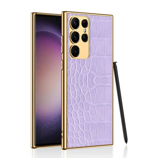 Leather Cover with Electroplated Borders Compatible with Samsung Galaxy S23 Ultra Flexible Soft Sides with Full Body and Camera Protection Case, Pattern Purple & Gold - Mypcwala
