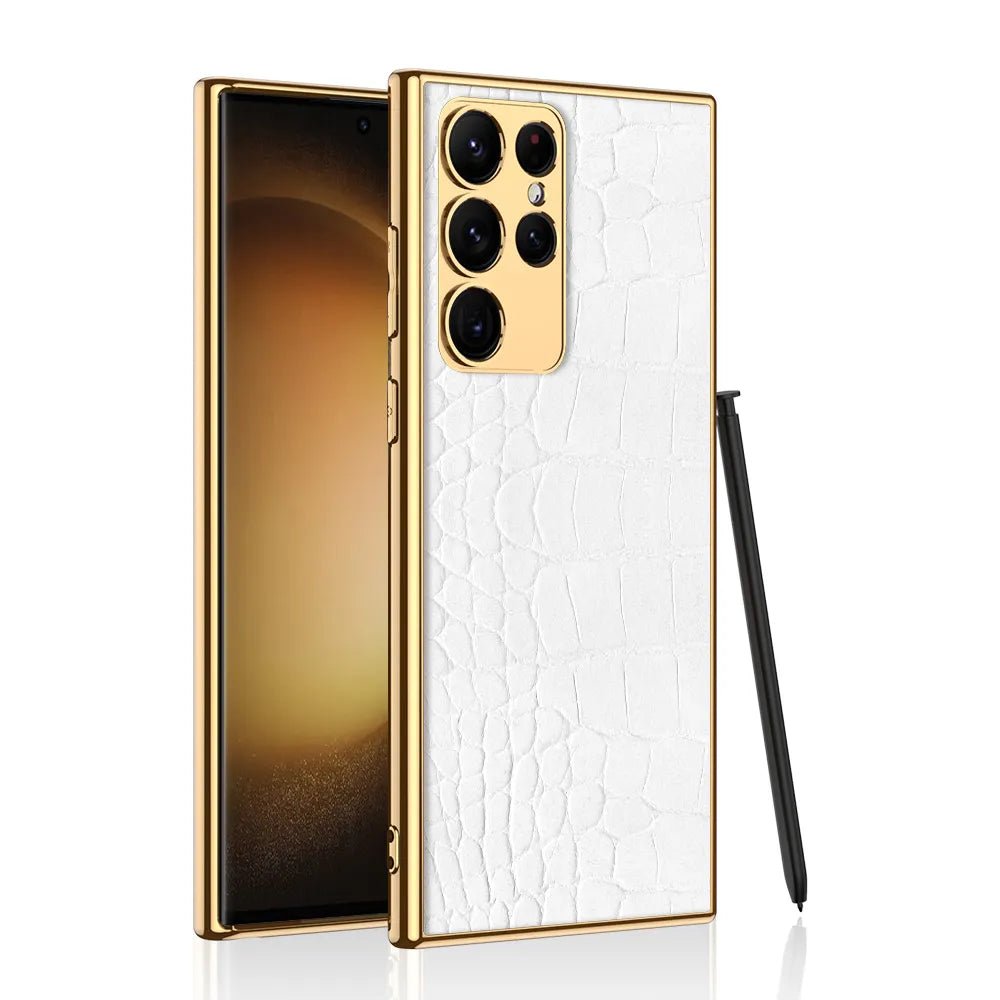Leather Cover with Electroplated Borders Compatible with Samsung Galaxy S23 Ultra Flexible Soft Sides with Full Body and Camera Protection Case, Pattern White & Gold - Mypcwala