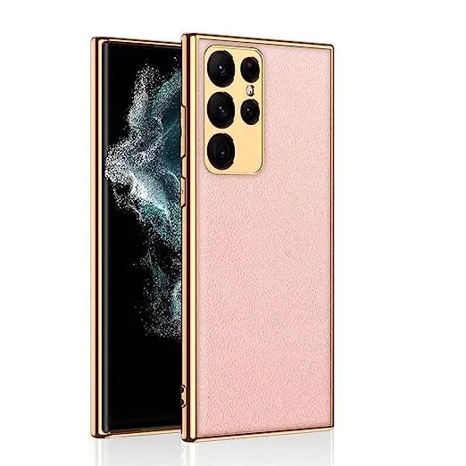 Leather Cover with Electroplated Borders Compatible with Samsung Galaxy S23 Ultra Flexible Soft Sides with Full Body and Camera Protection Case, Pink & Gold - Mypcwala