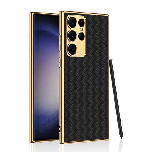 Leather,Hybrid Electroplating Bumper Woven Silicone TPU Shockproof Protective Case Galaxy S23 Ultra Cover Phone Case for Samsung S23 Ultra Case 5G Black - Mypcwala