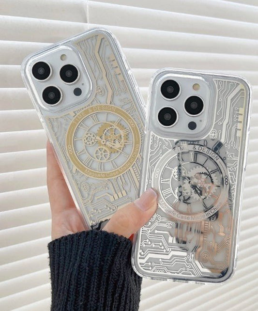 Magnetic Mechanical Texture Case For iPhone 14 Pro Transparent Shell Magsafe (Gold) - Mypcwala