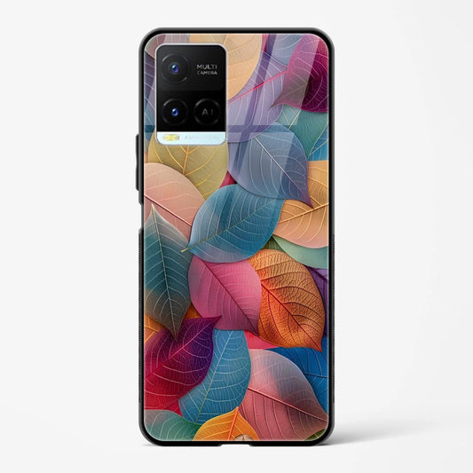 Multicolor Leaf Printed Design Glass Mobile Back Case Compatible for Vivo Y33s TPU Shock - Resistant Soft Edge | 360° Protection - Mypcwala