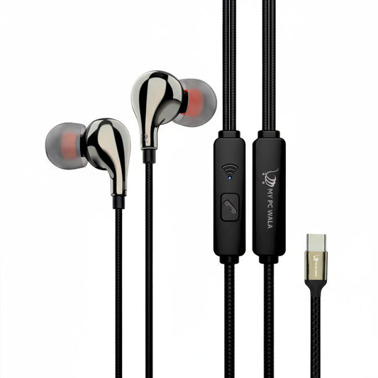 MY PC WALA Type - C Earphones with Microphone | Wired in - Ear USB - C Headphones | High - Bass Stereo Sound, Noise - Isolation, Tangle - Free Cable, Metallic Grey - Mypcwala