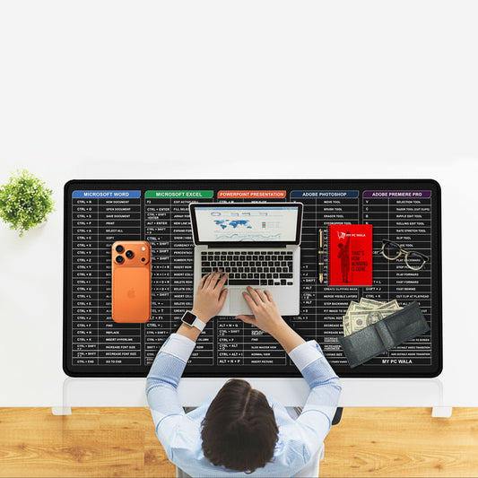 MYPCWALA Shortcut Keyboard Desk Mat – Excel, Word, PowerPoint, Photoshop & Premiere Pro Cheat Sheet Mouse Pad (90×42 cm) - DHARM IT PRIVATE LIMITED
