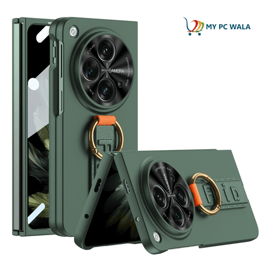 Mypcwala Ultra Thin Case/Cover with Leather Strap Ring & Front Glass Protector for Oneplus Open Case Cover Matte Green - Mypcwala