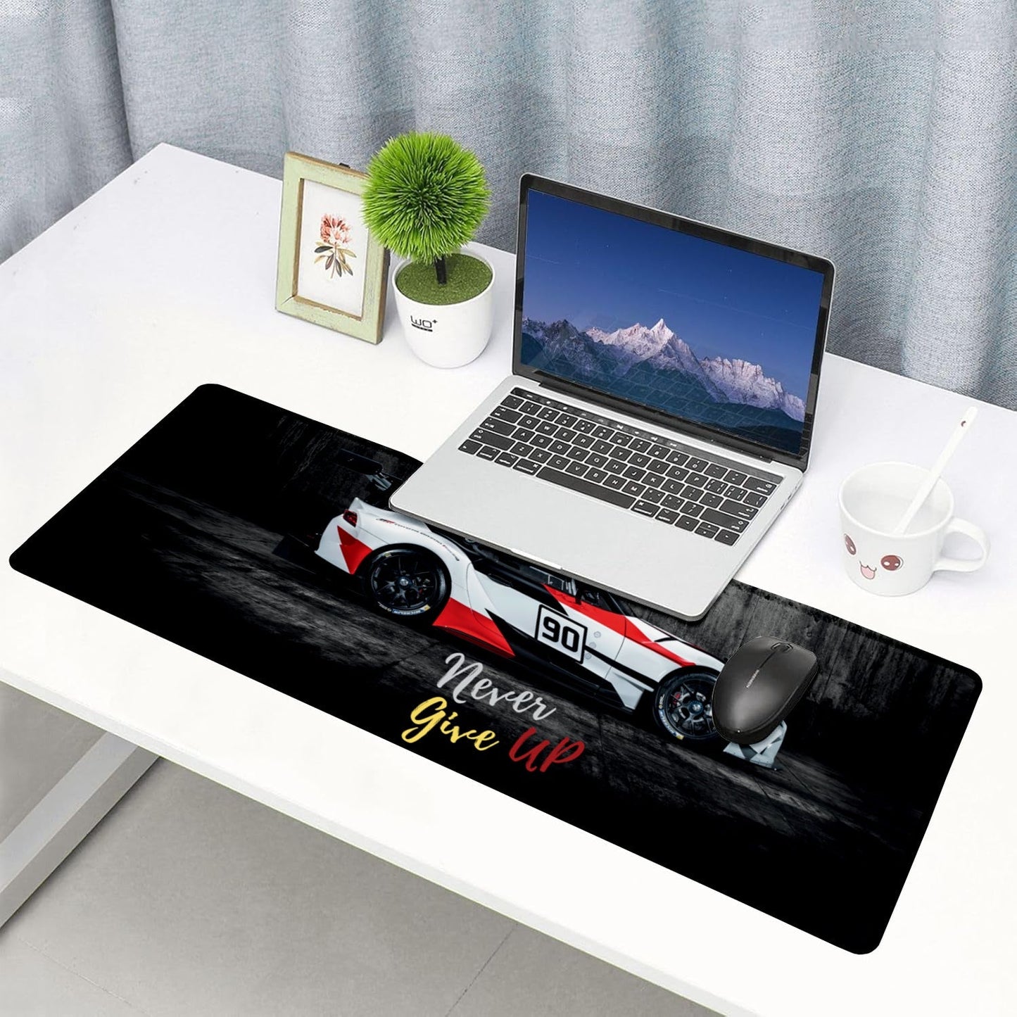 Never Give Up Racing Car Stitched Desk Mat | Large Gaming & Office Mouse Pad | Non - Slip Rubber Base | Extended Desk Mat for Keyboard & Laptop - Mypcwala