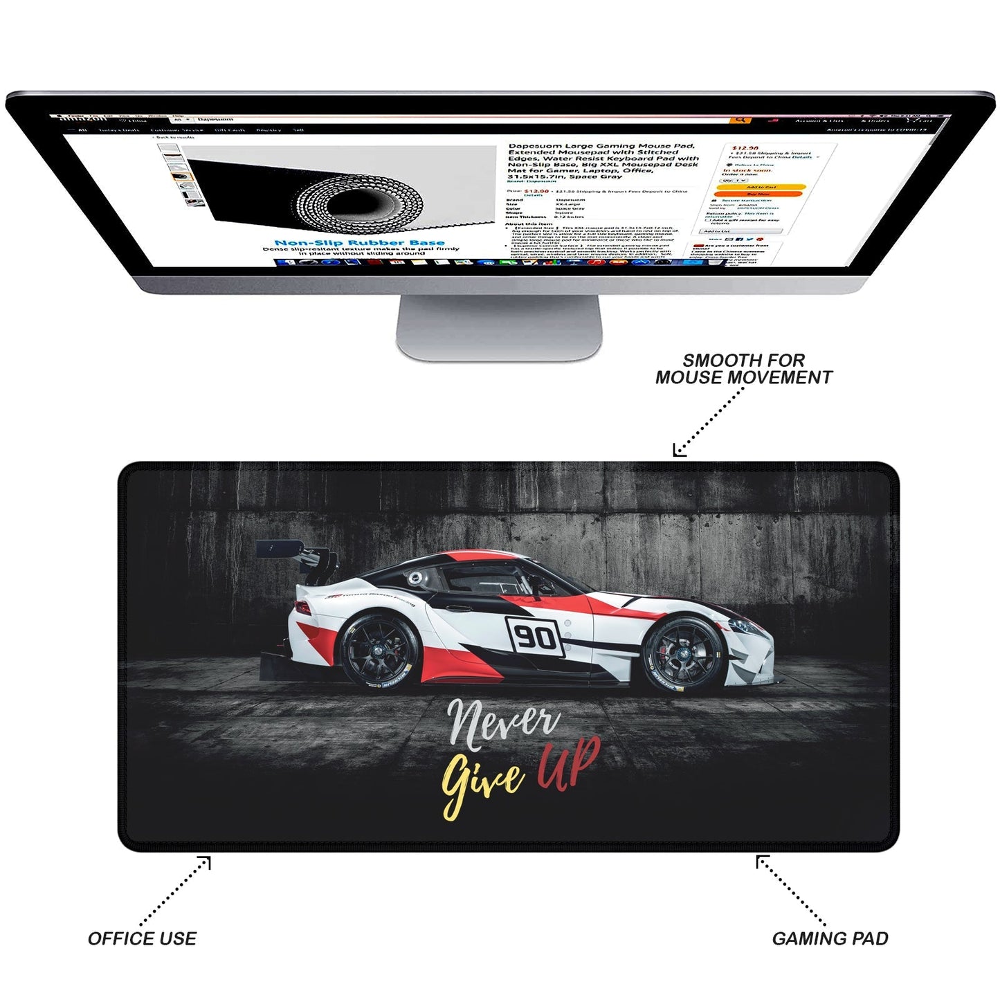 Never Give Up Racing Car Stitched Desk Mat | Large Gaming & Office Mouse Pad | Non - Slip Rubber Base | Extended Desk Mat for Keyboard & Laptop - Mypcwala
