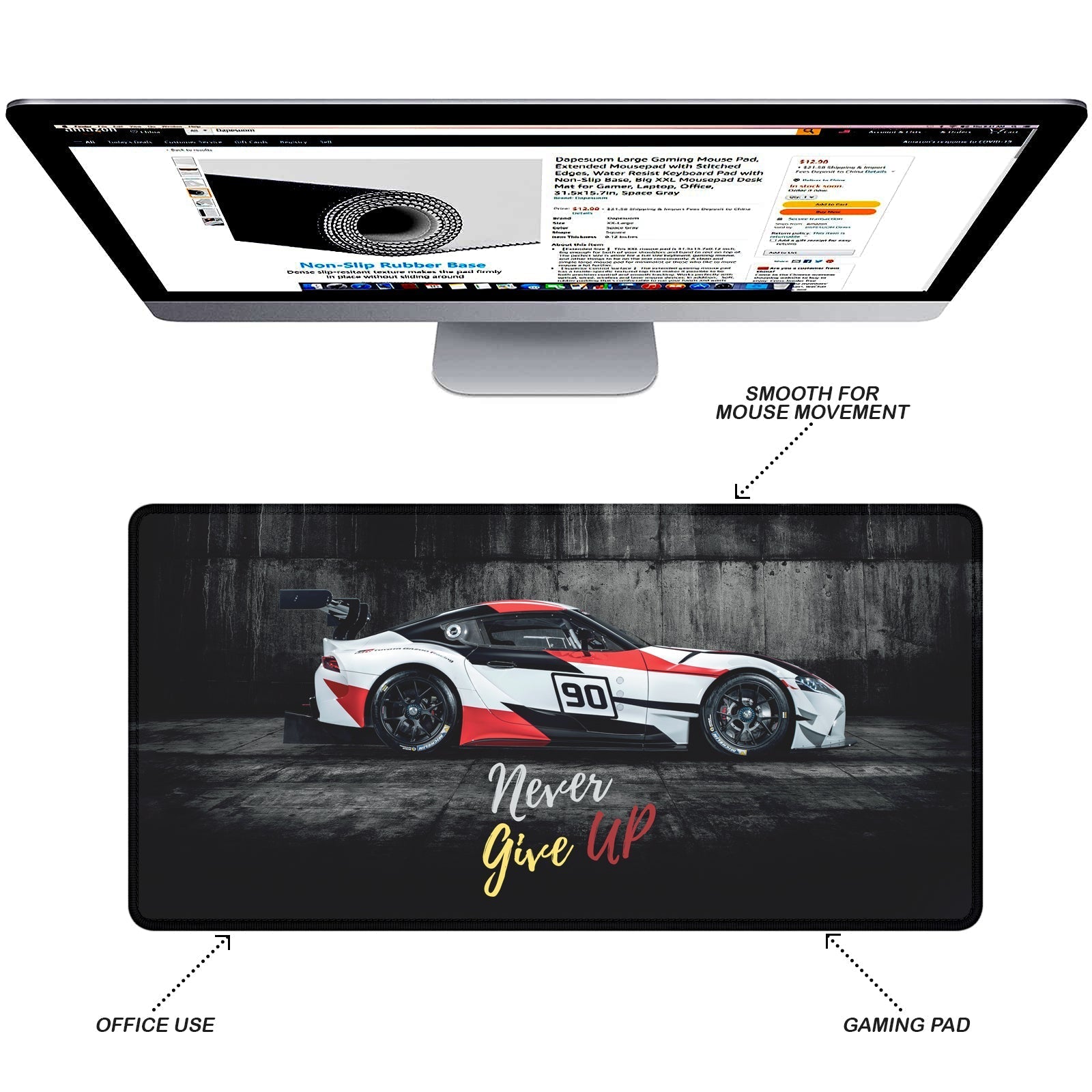 Never Give Up Racing Car Stitched Desk Mat | Large Gaming & Office Mouse Pad | Non - Slip Rubber Base | Extended Desk Mat for Keyboard & Laptop - Mypcwala