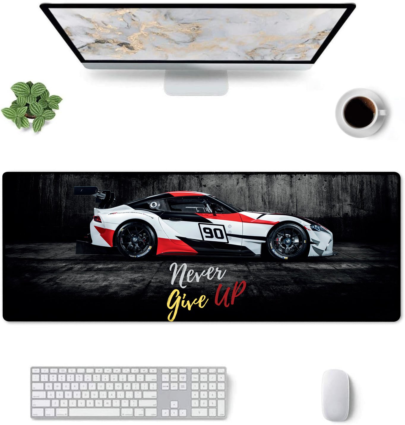 Never Give Up Racing Car Stitched Desk Mat | Large Gaming & Office Mouse Pad | Non - Slip Rubber Base | Extended Desk Mat for Keyboard & Laptop - Mypcwala