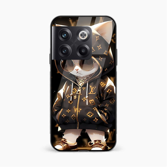 Printed Tempered Glass Back Cover Compatible with OnePlus 10T - Fancy Look Cat Dress With Sunglasses Design Glass Case - Mypcwala