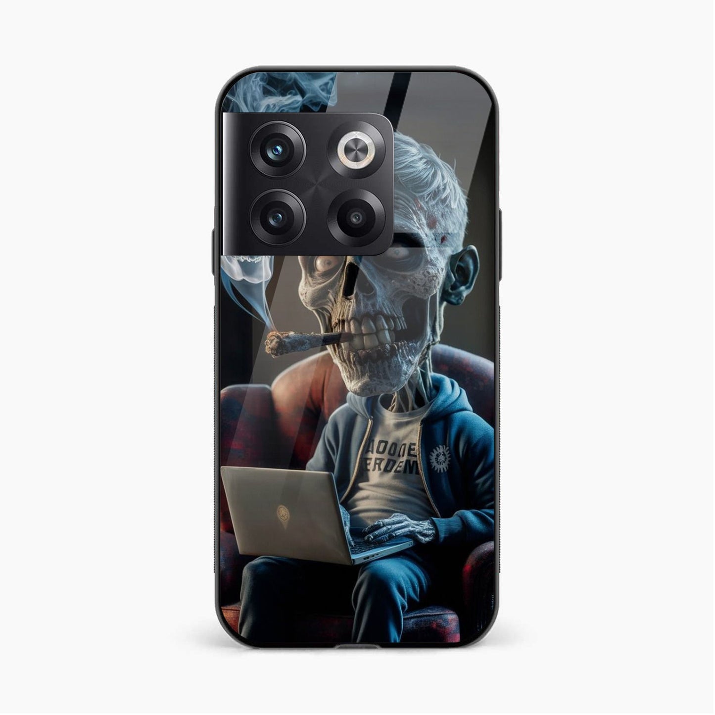Printed Tempered Glass Back Cover Compatible with OnePlus 10T - Skeleton Smoking With Laptop Design Glass Case - Mypcwala