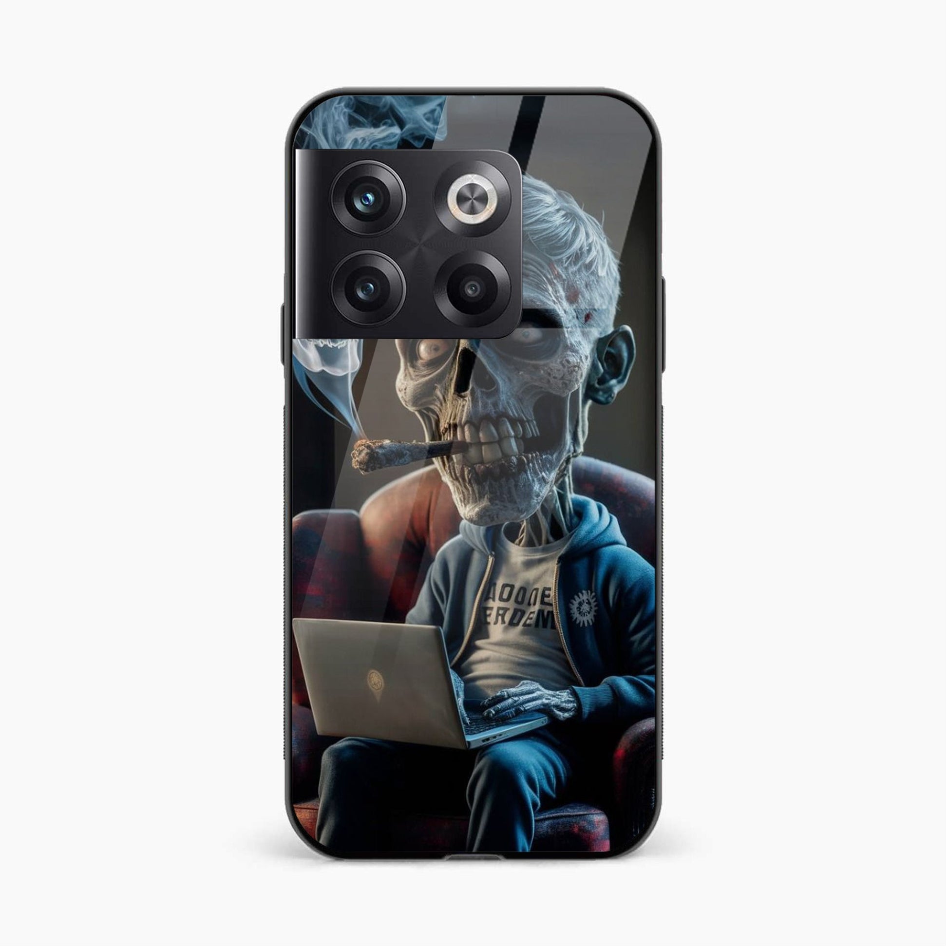 Printed Tempered Glass Back Cover Compatible with OnePlus 10T - Skeleton Smoking With Laptop Design Glass Case - Mypcwala