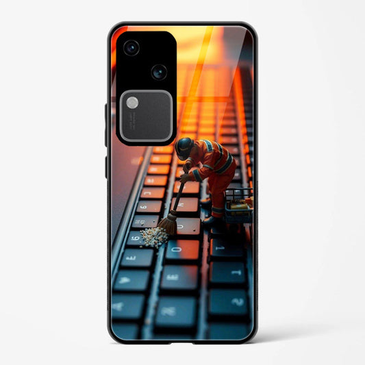 Printed Tempered Glass Back Cover Compatible with Vivo V30 5G - A Man is Cleaning The Keyboard Design Follow Your Dreams Real Glass case - Mypcwala
