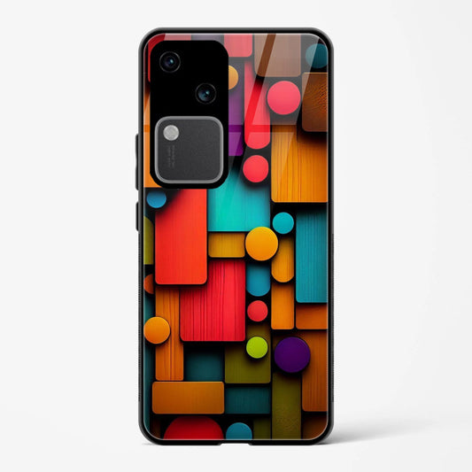Printed Tempered Glass Back Cover Compatible with Vivo V30 5G - Abstract Art With Geometric Shapes And Lines Design Glass Case - Mypcwala