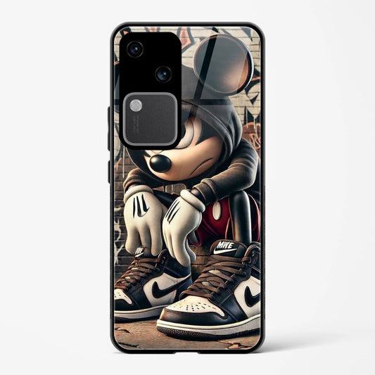 Printed Tempered Glass Back Cover Compatible with Vivo V30 5G - Angry Mickey Mouse Design Glass Case - Mypcwala