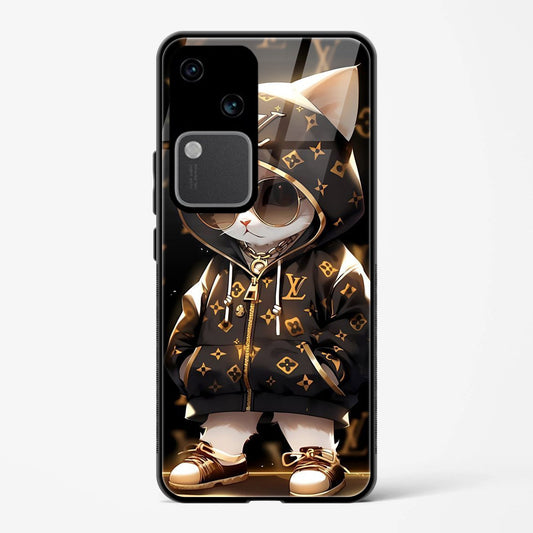 Printed Tempered Glass Back Cover Compatible with Vivo V30 5G - Fancy Look Cat Dress Design Follow Your Dreams Real Glass case - Mypcwala